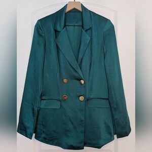 Forever 21 Green Faux Silk Oversized Blazer Fully Lined Size Small